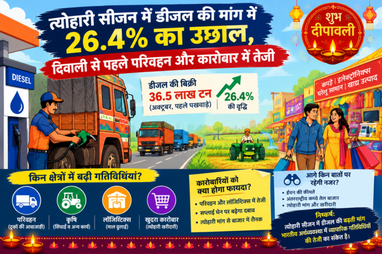 BUSINESS : त्योहारी सीजन में डीजल की मांग में 26.4% का उछाल, दिवाली से पहले परिवहन और कारोबार में तेजी