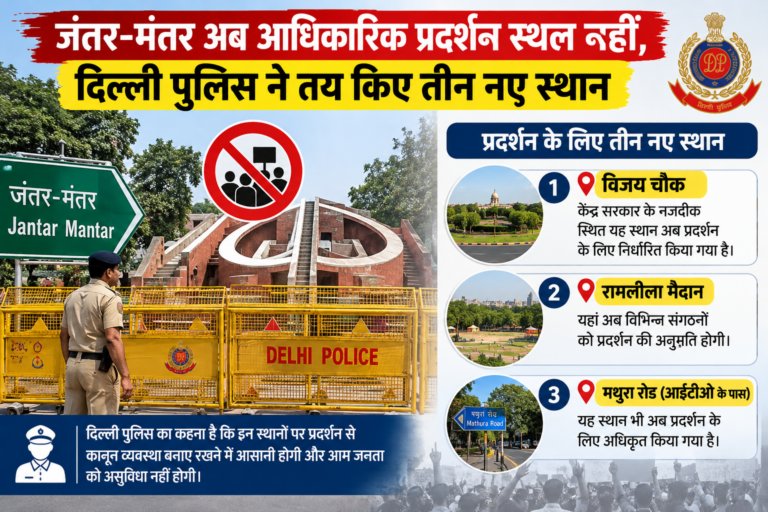 जंतर-मंतर अब आधिकारिक प्रदर्शन स्थल नहीं, दिल्ली पुलिस ने तय किए तीन नए स्थान